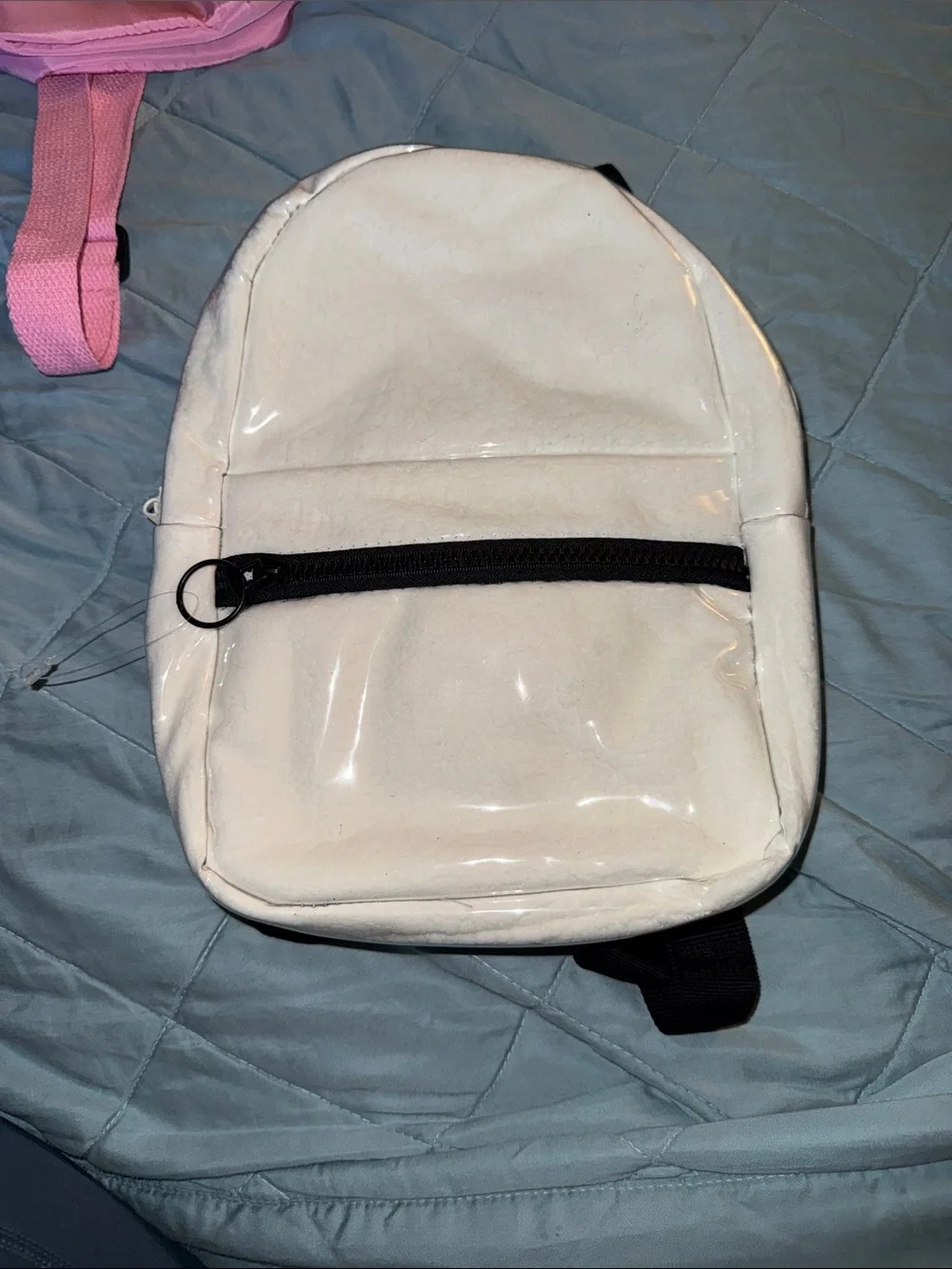 Mini White Patent Backpack Shiny Faux Leather Chunky Black Zipper Small Travel